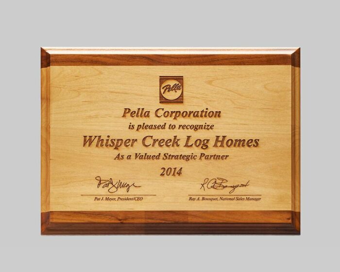 alder wooden plaque award for Pella created by Awards Program Services