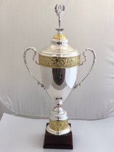 A silver trophy with gold bands.