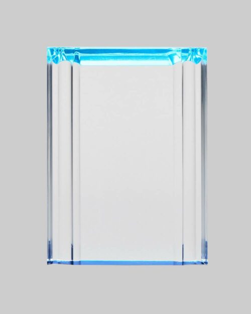 Beveled acrylic plaque in blue.