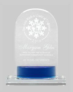 Crystal keystone award in blue.