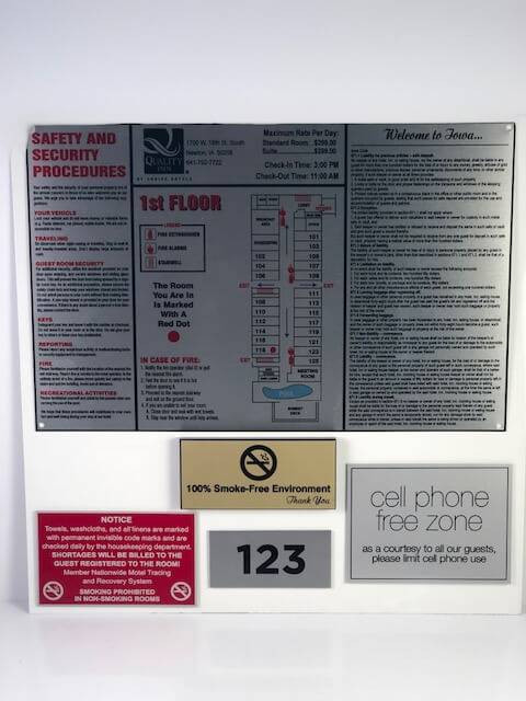 Various hotel signage options available, from emergency procedure signs to no smoking signs.