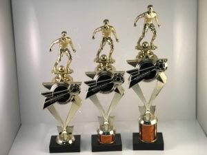 Threee different sizes of soccer trophies available.